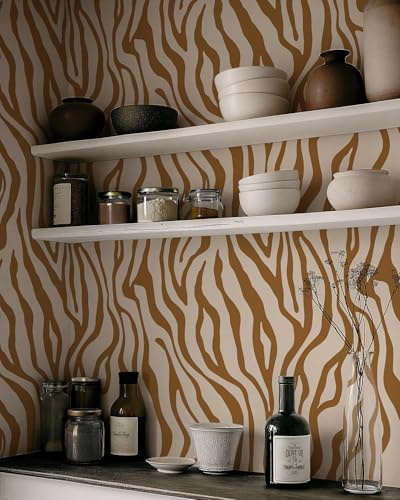 Coloritto Contemporary Tiger Print Wallpaper | Removable Self Adhesive Jungle Animal Waves Skin Wallpaper | Neutral Modern Peel and Stick Wall Decor (Sample 12 W x 8 H)