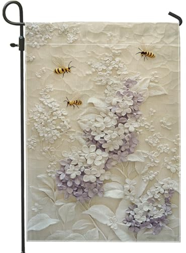 Drapeau floral de jardin printanier et été, élégant lilas blanc et abeilles, bannière de décoration d'intérieur extérieure, drapeau de cour double face pour décoration de jardin, 30,5 x 45,7 cm