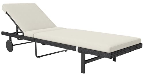 Outsunny Bain de Soleil Chaise Longue avec Coussin en résine tressée, transat Jardin extérieur inclinable avec roulettes pour Plage Relax Piscine terrasse, 198 x 65 x 85 cm, crème