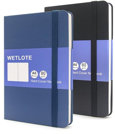 WETLOTE Cuaderno A6 Punteado Set de 2, Tapa Dura con Papel 80gsm y 74 Hojas, Libreta de Puntos para Estudio, Oficina y Escuela, Material Escolar y Papelería (Negro + Azul Esmaltado)