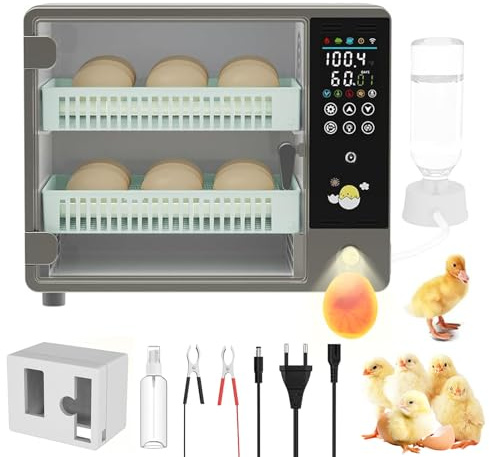 Brutautomat Vollautomatisch, 24 Eier Brutapparat, mit automatischer Eierwendung und automatischer Befeuchtung, Temperaturkontrolle, LED-Touchscreen, doppelte Stromversorgung, für Bruthühner, Wachteln