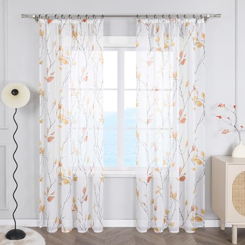 ESLIR Gardinen mit Kräuselband Vorhänge Gardinenschals Transparent Dekoschals mit Blumen Muster Landhaus Orange BxH 140x175 cm 1 Stück