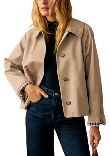 Yeokou Women Oversize Trench Coat Plaid Lining Lapel Button Down Casual Crop Jacket Outwear with Pockets(Khaki-XS)