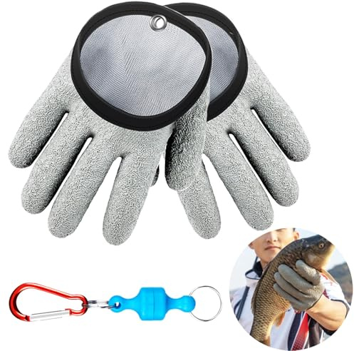 LIMEOW 1 Paar 19cm Angelhandschuhe Landehandschuh Hecht Handschuhe wasserdichte Handschuhe mit 1 Stück Magnetverschluss Anti-Schnitt Rutschfesten Handschuh für Den Sicheren Umgang Hecht Wels(Grau)