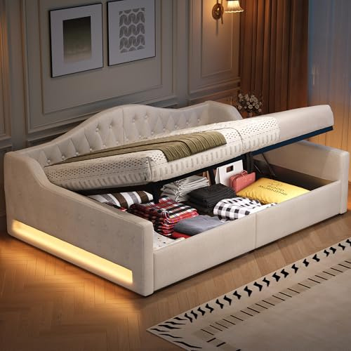 YuQozii 140x200 gepolstertes Schlafsofa mit stimmungsvoller Beleuchtung und Stauraum darunter (Beige)