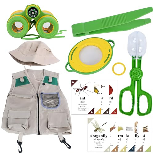 Kit da esploratore per bambini, kit da caccia agli insetti, con lente d'ingrandimento, pinzette, carte, rete per insetti, telescopio, gilet, cappello, per attività all'aperto e avventure in campeggio