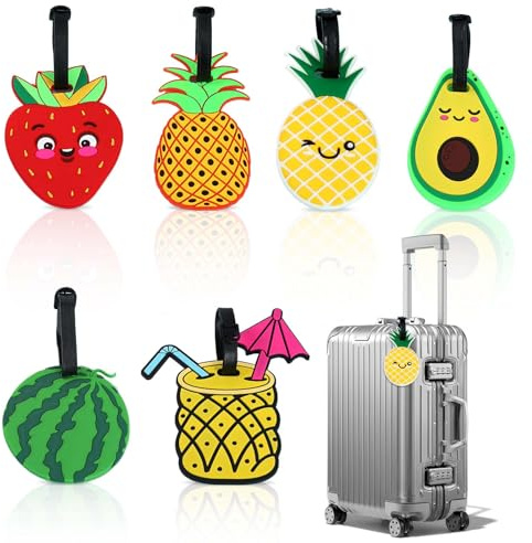 Etiquetas para Equipaje con Forma de Fruta, Paquete de 6, de PVC Suave y Goma, con Dibujos Animados, para Escribir la Dirección y El Teléfono, Ideales para Viajes, Maletas y Mochilas