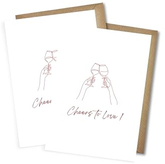 WBdesignz 2er-Set Liebeskarten „Cheers/Cheers to Love!“ – Minimalistische Weinglas-Karten – Grußkarten zuur Hochzeit, Valentinstag, Liebe, Jahrestag – Für Ehepartner - mit Umschlägen (DIN A6)