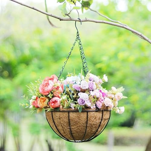 Fioriera da appendere in ferro battuto da 30,5 cm, con fodera in cocco, cesto rotondo in metallo per giardino, patio, terrazza, resistente ed elegante, supporto per piante da interno/esterno, perfetto