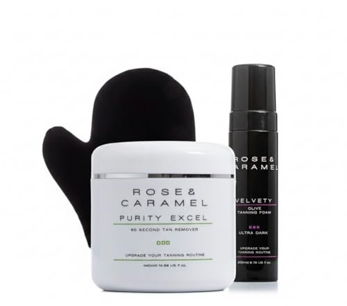 Rose & Caramel Purity Excel 60 Second Tan Remover, Velvety Ultra Dark Tanning Mousse & Deluxe Tanning Mitt