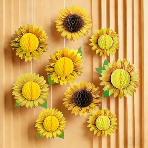 9 Pièces Fleurs en Papier Tournesol Boule Papier Decoration Fleurs en Papier Crépon Decoration Fleur Suspension Boules en Nid d'abeille pour Anniversaire, Mariage, Baby Shower, Jardin Maison Deco