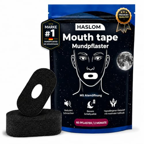 60 Mouth Tape for Sleeping – HASLOM Mundpflaster mit zentraler Öffnung | Mundtapes zum Schlafen: extra starker Halt, hypoallergen, haut- und bartfreundlich, weich und angenehm, in Einheitsgröße