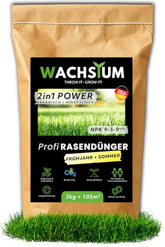 Rasendünger Frühjahr Sommer, 3kg für 105 m² organisch mineralisch mit Eisen, Langzeit Granulat, verdrängt Moos, NPK 9-3-9, Streuwagen geeignet, Turbo Wachstum, tierfreundlich