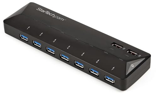StarTech.com 9 Port USB 3.0 Hub - 7 x USB-A, 2 x USB-A Fast Charge Ports - Multi Port Powered USB Charging Station (ST93007U2C), black