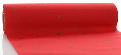 Sovie HORECA Tischläufer Liam in Rot aus Linclass-Airlaid, 40 cm x 24 m, 1 Stück, perforiert alle 120 cm im weihnachtlichen Design mit goldfarbenen Sternen & Ornamenten, Festliche Tischdekoration