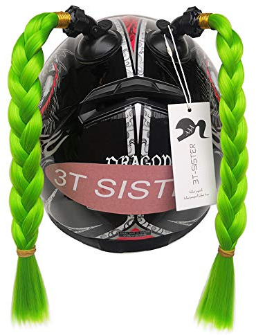 3T-SISTER Helm Pigtails Motorrad Helm Pferdeschwanz Zöpfe Helm Synthetisches Haar mit Saugnapf Dekoration 2 STÜCKE 14 Zoll Grün Farbe + 2 STÜCKE FreiKlebstoff