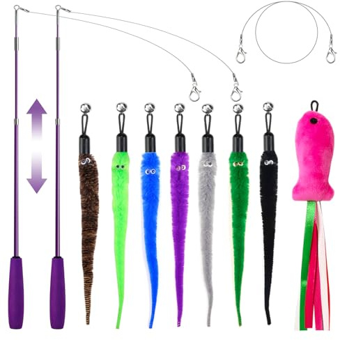 ZeyZoo Cat Toys for Indoor Cats, 11PCS Interactive Cat Toy Wand Pack, 2 Retractable Cat Wand & 7PCS Worm Teaser Refills, Plush Fish Kitten Toys, Cat Feather Fishing Pole Toy for Play Chase Exercise