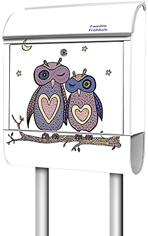 banjado® Briefkasten mit Standfuß personalisierbar Motiv Verliebte Eulen - Stand Briefkasten mit Zeitungsfach pulverbeschichtet aus Stahl weiß - Postkasten A4 Einwurf inkl. 2 Schlüssel