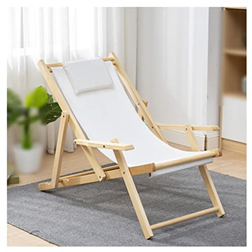 DUNAKE Liegestuhl Klappbar, Strandstuhl Tragbar, Holzklappstuhl Indoor Einstellbarer 4-Positionen Faltbarer Chaiselonguesessel Mit Kissen Moderner Freizeitsessel Für Hof-Pool-Terrasse (Color : White)