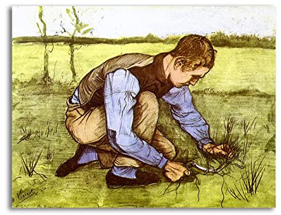 Famous Painting Print on Canvas,Boy Cutting Grass with a Sickle by Van Gogh,Classic Oil Painting Reproduction,Canvas Wall Art for Living Room Decor Picture 50x65cm(20x26in) Frameless