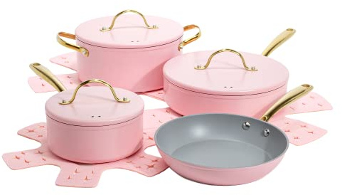 Paris Hilton Iconic Nonstick Pots and Pans Set, Multi-Layer Nonstick Coating, Matching Lids with Gold Handles, Made Without PFOA, Dishwasher Safe Cookware Set, 10-Piece, Pink