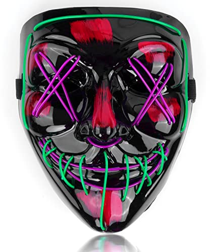 SOUTHSKY LED Mask,Black Horror Full Face,2 Color Neon Light Glowing,PVC Material,for Halloween Festival Carnival Rave Costume Cosplay (Green+Purple)