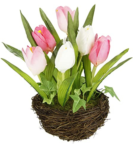 Kunstblumen Tulpen im Nest 25cm künstliche Blume Papageientulpe Blüte Frühjahrsdeko Osterdeko Osternest Mittelstück Dekoration Seidenblume wie echt Kunsttulpe Tischdeko Zimmerpflanze Floristik