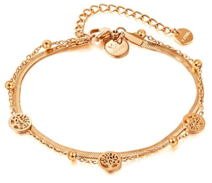 VICKWOOD Bracelet de cheville/bracelet pour femme avec motif arbre de vie en or, argent ou or rose 18 carats, étanche, en acier inoxydable (A.Band_R.Gold)