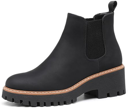 DECARSDZ Botas Chelsea de plataforma gruesa para mujer con tacón de cuña bajo elástico, sin cordones, para otoño, trabajo, piel de gamuza, estilo clásico, color negro, talla 4
