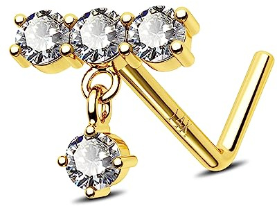 Jewseen 14K Gelbgold Nase Piercing L-Shaped Schmuck mit Dangle Stud und 20G CZ Schraube Ring für Frauen und Männer