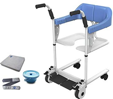 Chaise élévatrice de transfert pour patient avec chaise percée pour douche, fauteuil roulant portable, siège de chevet, chaise percée de transport coussin et ceinture de sécurité pour les personnes