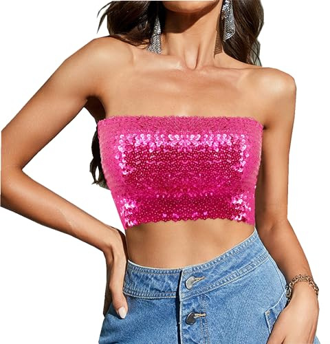 Segreto Haut à tube en paillettes pour femme avec strass sexy sans manches vintage bandeau top sirène sans bretelles crop top de soirée débardeur, taille unique