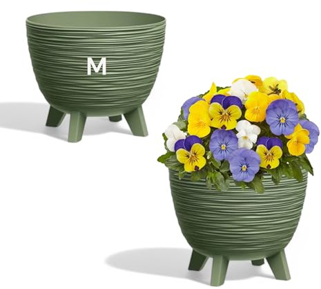 MELTOM Blumentopf mit Füßen aus Kunststoff Schale Rund Kräutertopf 3D Rillen (Grün, M-29cm)