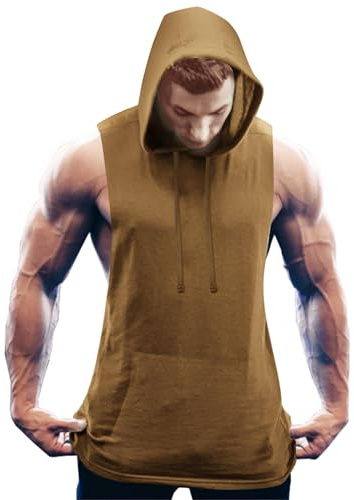 COOFANDY linne herr muskelskjortor ärmlös huvtröja fitness skjortor gym bodybuilding skjortor huvtröja, Brun (1 styck), L
