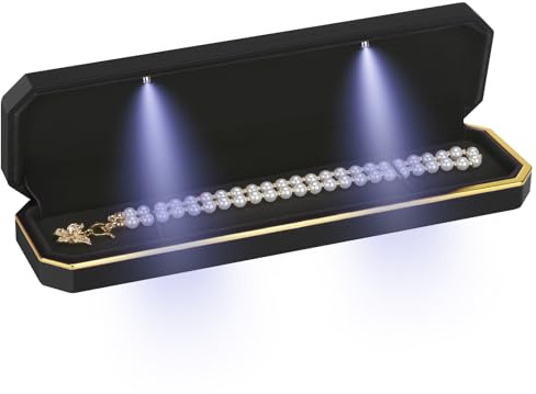 Luxury LED Necklace Long Chain Gift Box with LED Light, Velvet Jewelry Box Storage Case Organizer Holder (Black)