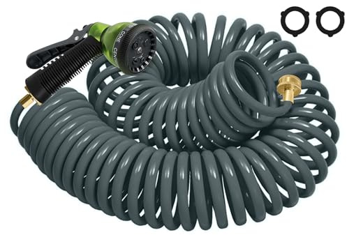 Coil Hose 75FT EVA Coil Garden Hose With 3/4'' Brass Connector Coiled Water Hose Lightweight And No Kink Includes 7 Patterns Spray Nozzle For Outdoors Lawn Watering Car Washing
