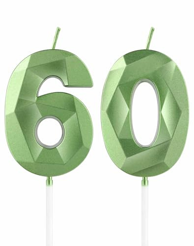 mciskin Green 60th Birthday Candles, 3D Number 60 Candles for Cake, Women Men 60th Birthday Decorations,Sage Green Candle Cake Topper Decorations for Birthday Party Weddings Anniversary Supplies