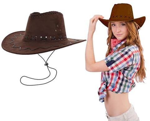Lizzy Cowboy Hat Unisex Western Hat Wide Brim Fancy Dress Costume Hat for Men Women Cowgirl Cowboy Hat for Parties Halloween Festival Western Theme Accessories UK - Brown