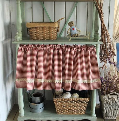 QJIRZB Bomull röd vit rutig spets lantlig bondgård halvkort rutig Gingham köksgardin fönsterbehandling kappa för litet fönster (röd rutig, 130 cm (bredd) x 40 cm (höjd))