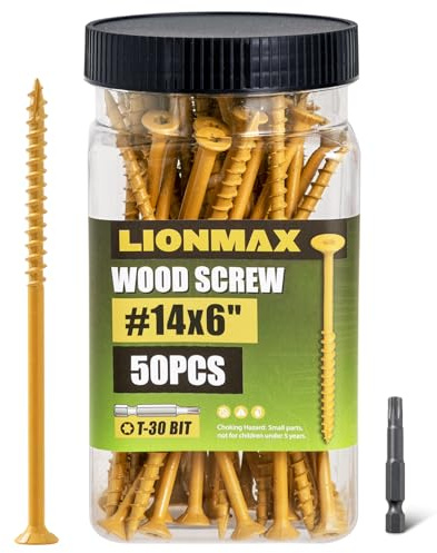 LIONMAX Deck Screws #14 x 6 Inch, 50 PCS, Long Wood Screw, Rust Resistant, Exterior Epoxy Coated for Outdoor Decking, Torx/Star Drive Head, T30 Star Bit Included