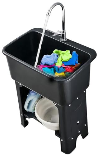 DSKJHI Mobile Spüle Freistehende Spülbecken Spültisch Tiefe 27 cm aus Kunststoff mit Armatur für Waschküche Keller Outdoor Garten Werkstatt Garage Möbel(Schwarz,L)