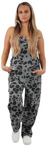 Dungaree Women Leopard Print Jersey Dungaree Jumpsuits Front Tie Knot Design Casual Easy to Wear UK Big Leopard Grey 12-14