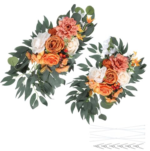 PATIKIL Flores para Arco de Boda, 2Pcs Guirnaldas Florales Artificiales de Seda Falsa con Rosas Faux Y Hojas con Clip Y Banda para Decoración de Recepción, Ceremonia Y Letrero, Naranja