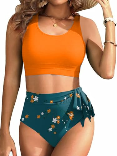 Rayson Traje de Baño para Mujer de 2 Piezas Cintura Alta Estampado Floral Conjunto de Bikini Lazos Laterales