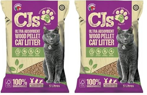 Cj's Premuim Cat Litter Ultra Absorbent Wood Pellets Non Clumping Biodegradable Natural Litter for Cats, Rabbits, Poultry and Reptiles - 5L (Pack of 2)
