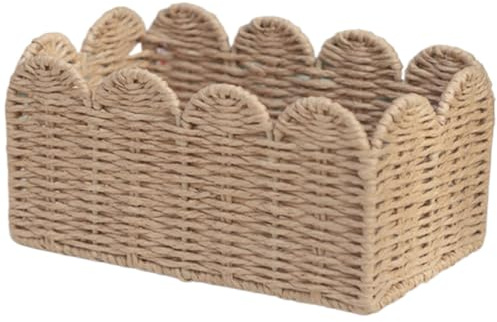 Petit panier de corde en papier tissé avec bord festonné pour organiser des serviettes, du papier toilette et des ustensiles