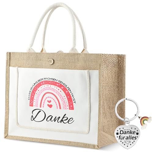 Dzmuero Personalisierte Jutebeutel, Danke Geschenk, Jute Einkaufstasche mit Schlüsselanhänger, Personalisiertes Geschenk für Erzieher, Einkaufstasche als Dankeschön für Kollegen (B)