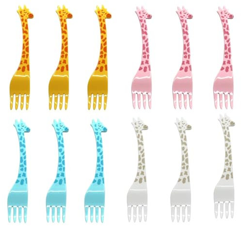 Wjelet Lot de 12 fourchettes à fruits en plastique motif girafe pour enfants multicolores réutilisables boîte à lunch bento décoration fête d'anniversaire thé après-midi