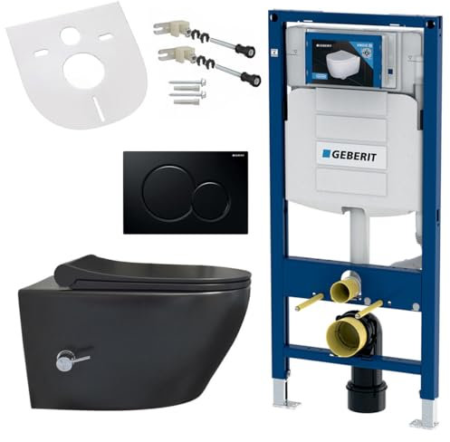 Spülrandloses Hänge WC mit Softclose Deckel, Armatur, schwarzer Betätigungsplatte kompatibel mit Geberit Vorwandelement