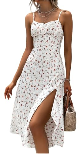 FUPODD Spaghettiträger-Kleid Damen Korsett Geblümt Trägerkleid Sommer Midi Mit Schlitz Sommerkleid Lang Elegant Blumen Boho Sommerkleider Frauen Leicht Und Luftig Strandkleid Italienische Kleider